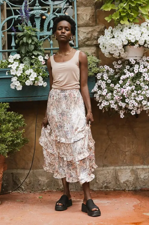 All Bottoms Women Bohme Dimitria Floral Midi Skirt In Sand Sand