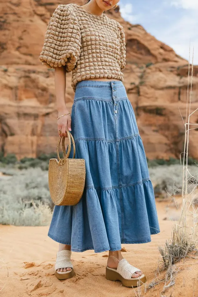 All Bottoms Women Bohme Joannie Tiered Denim Skirt