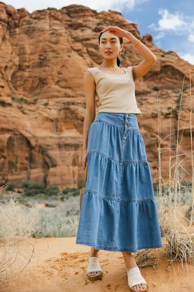 All Bottoms Women Bohme Joannie Tiered Denim Skirt