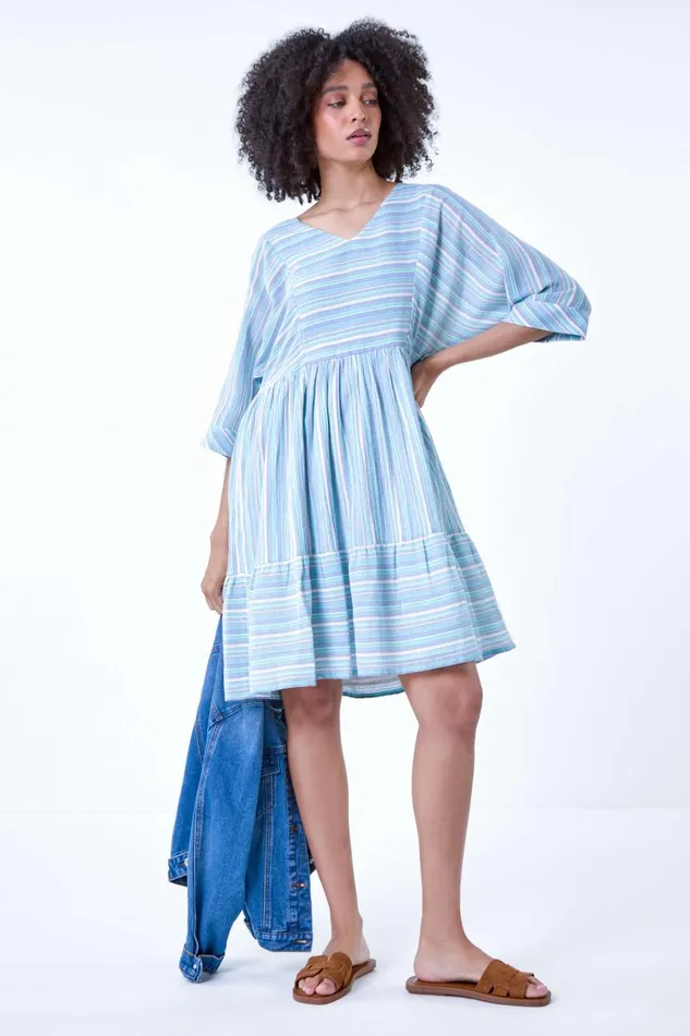 Aquamarine Cotton Stripe Print Smock Dress Women Roman Dresses