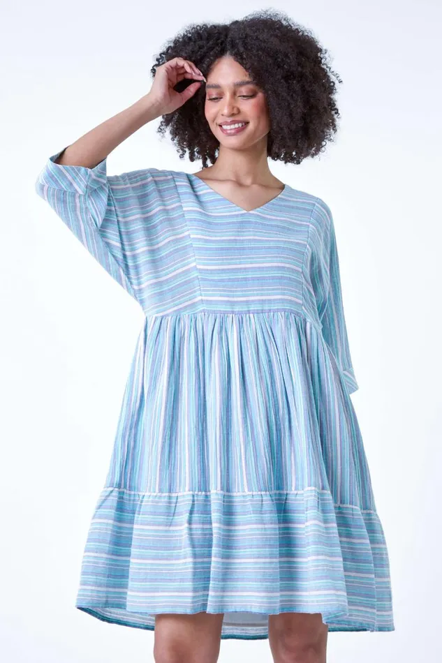 Aquamarine Cotton Stripe Print Smock Dress Women Roman Dresses