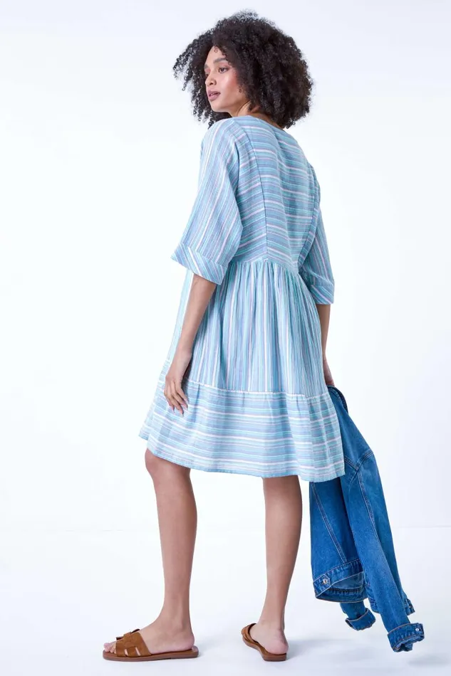 Aquamarine Cotton Stripe Print Smock Dress Women Roman Dresses
