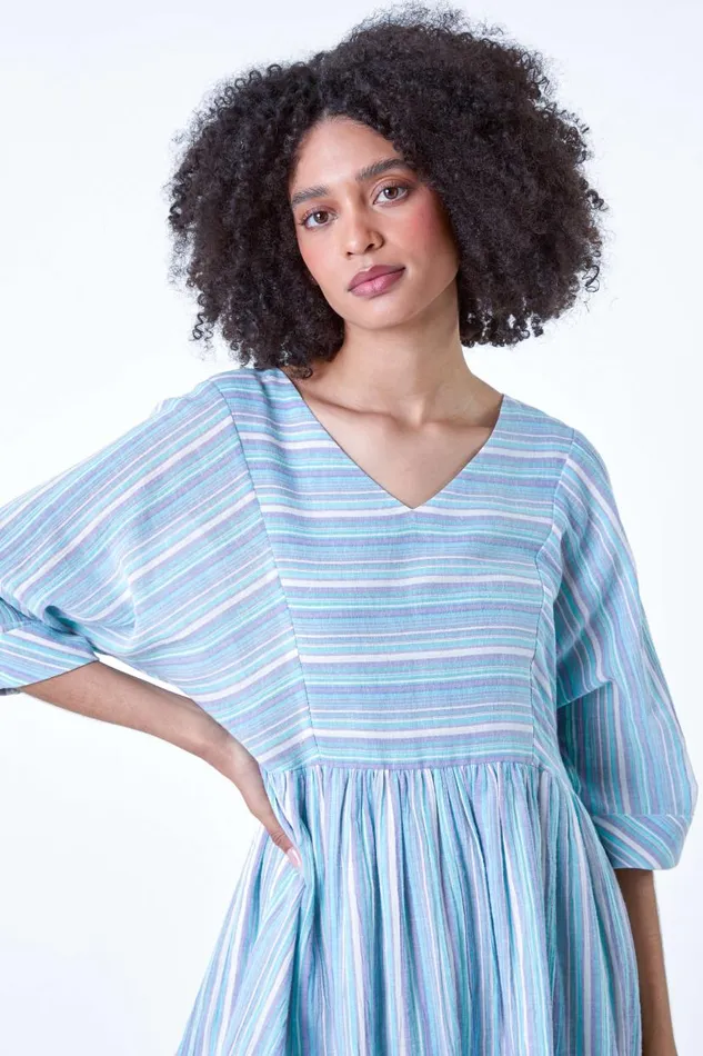 Aquamarine Cotton Stripe Print Smock Dress Women Roman Dresses