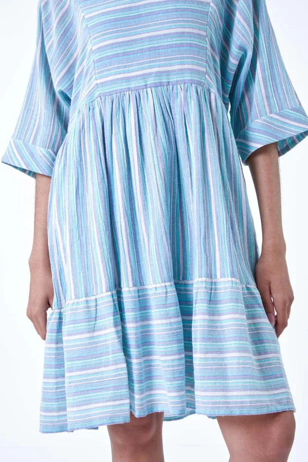 Aquamarine Cotton Stripe Print Smock Dress Women Roman Dresses