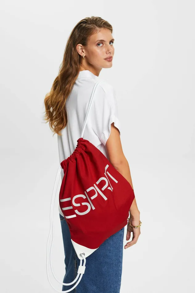 Bags Women Esprit Cotton Canvas Logo Drawstring Backpack Dark Red