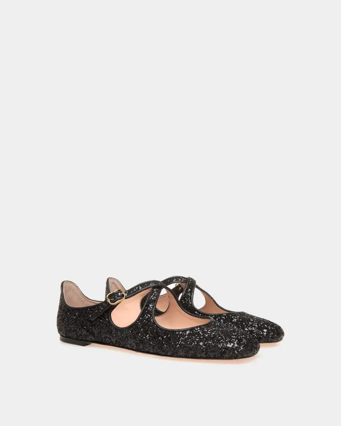Ballyrina Flat In Black Glitter Women Bally Flats and Moccasins