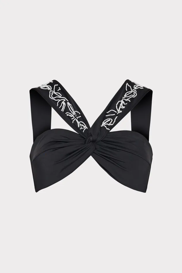 Beaded Applique Shoulder Draped Bikini Top Black Women Milly Swim and Coverups