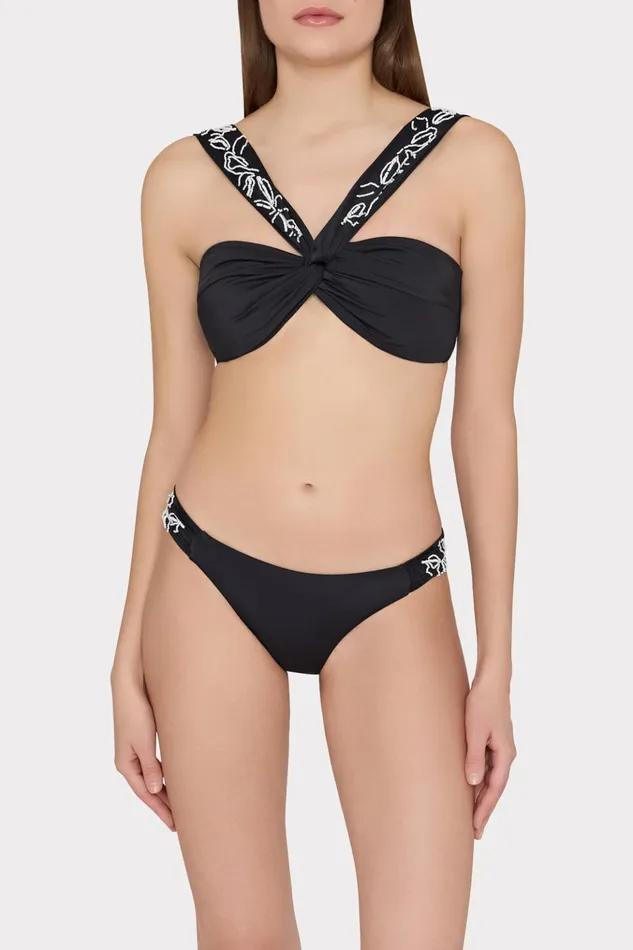 Beaded Applique Shoulder Draped Bikini Top Black Women Milly Swim and Coverups