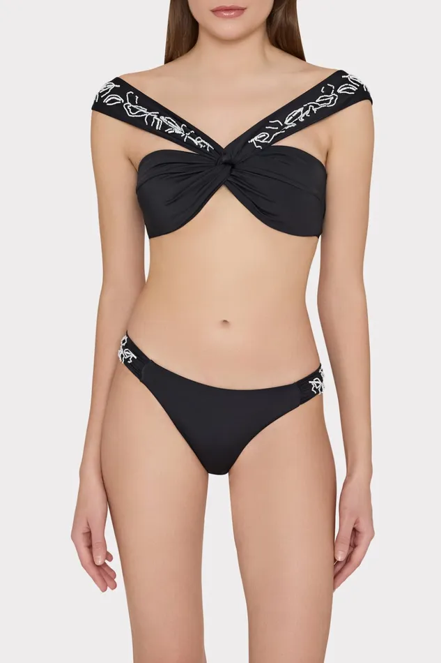 Beaded Applique Shoulder Draped Bikini Top Black Women Milly Swim and Coverups