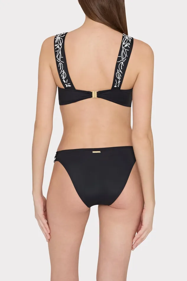 Beaded Applique Shoulder Draped Bikini Top Black Women Milly Swim and Coverups