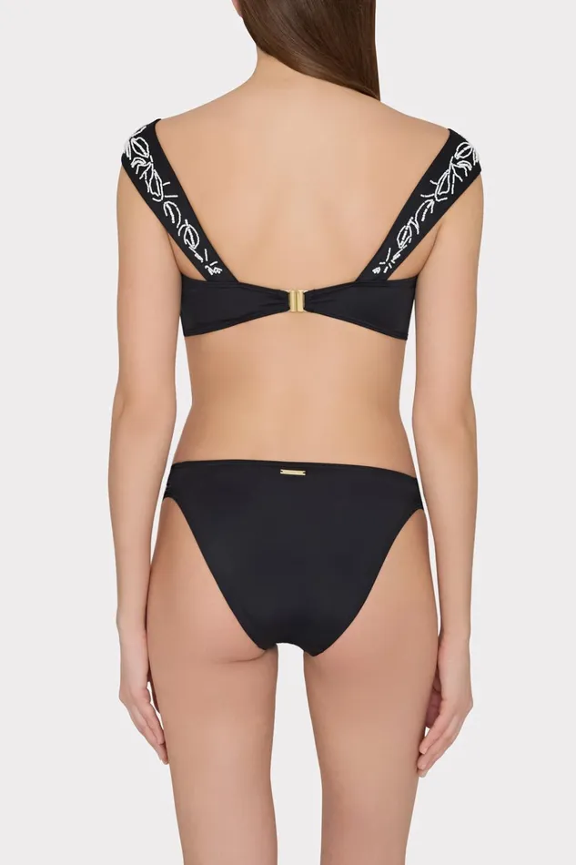 Beaded Applique Shoulder Draped Bikini Top Black Women Milly Swim and Coverups
