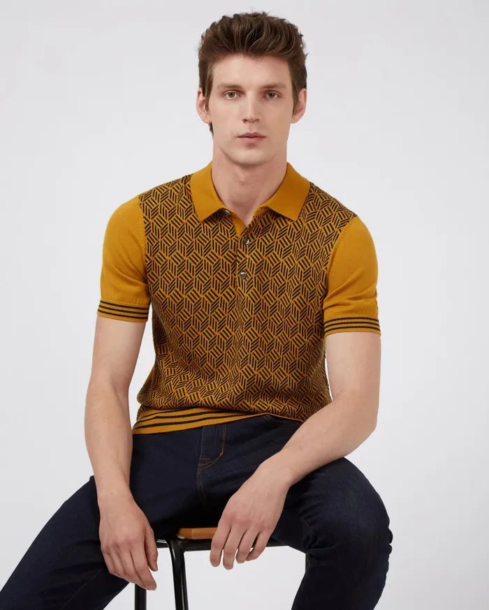 Ben Sherman Knit Polos ShortSleeve Jacquard Striped Polo 8211 Mustard 8211 Men