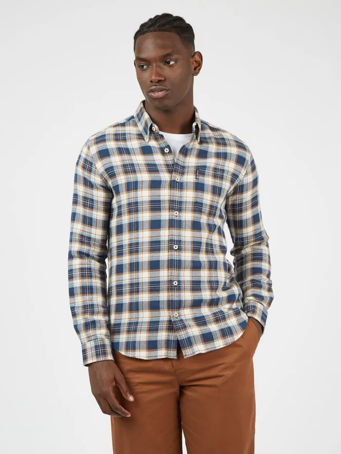 Ben Sherman Shirting LongSleeve Herringbone Check Shirt 8211 Dark Blue 8211 Men