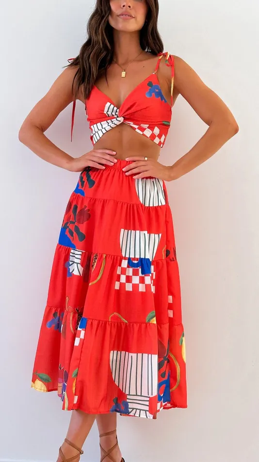 Billy J Bottoms Women Ava Top And Maxi Skirt Set 8211 Red Papaya Print