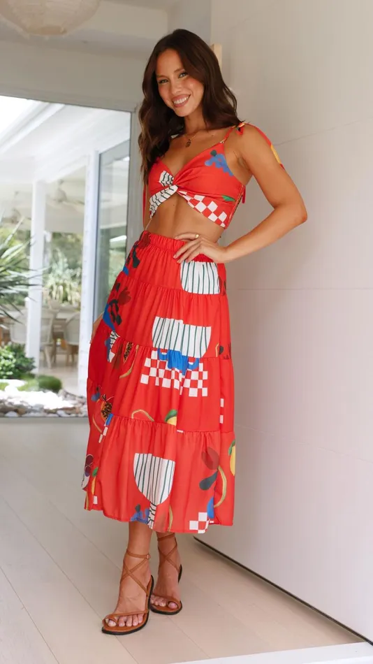 Billy J Bottoms Women Ava Top And Maxi Skirt Set 8211 Red Papaya Print