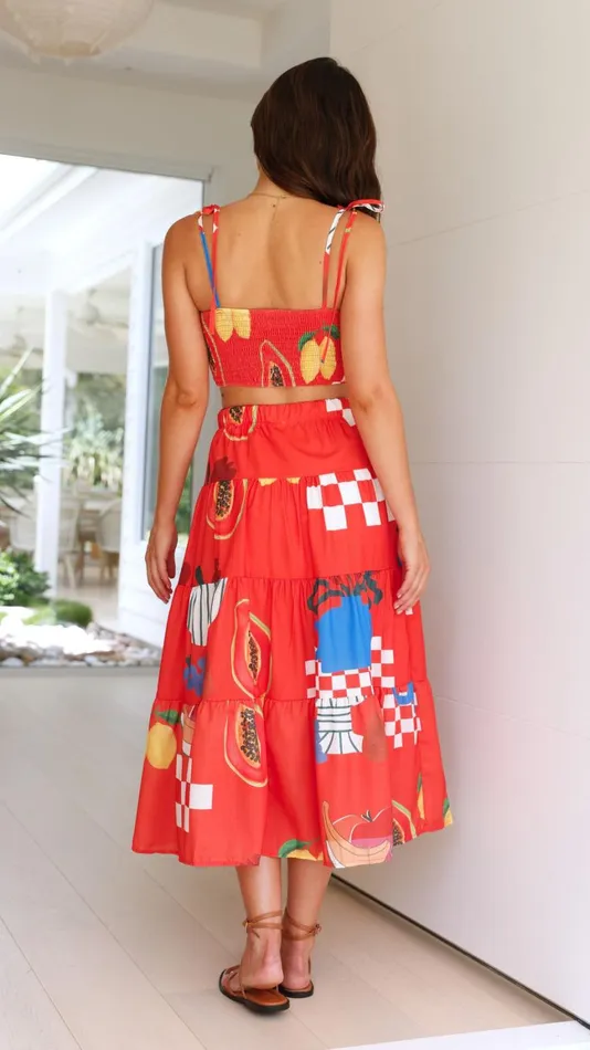 Billy J Bottoms Women Ava Top And Maxi Skirt Set 8211 Red Papaya Print