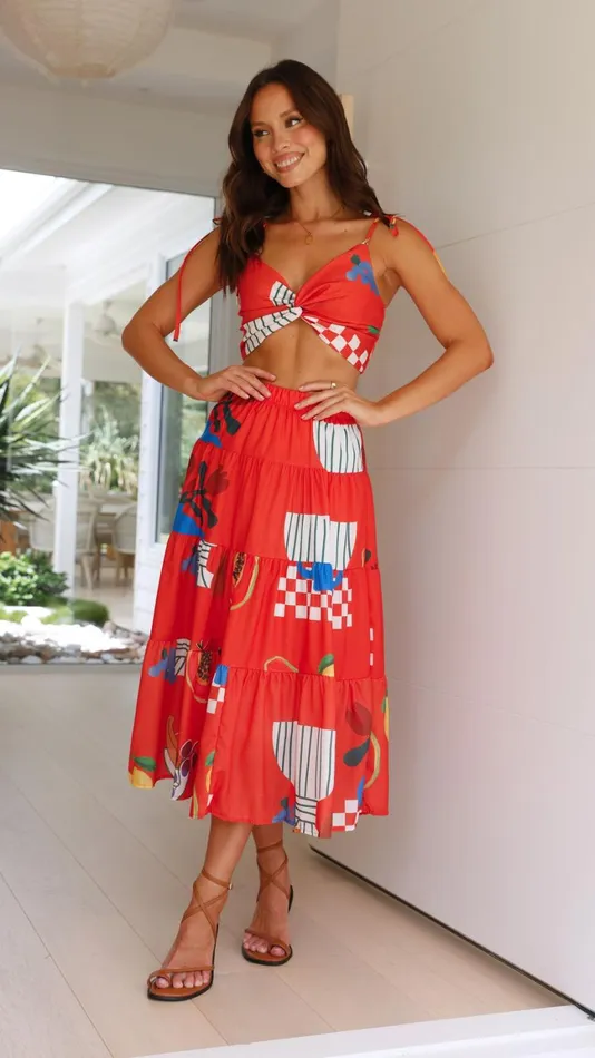 Billy J Bottoms Women Ava Top And Maxi Skirt Set 8211 Red Papaya Print