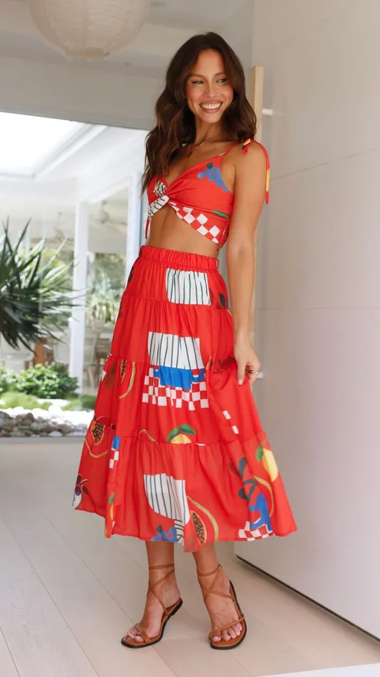 Billy J Bottoms Women Ava Top And Maxi Skirt Set 8211 Red Papaya Print