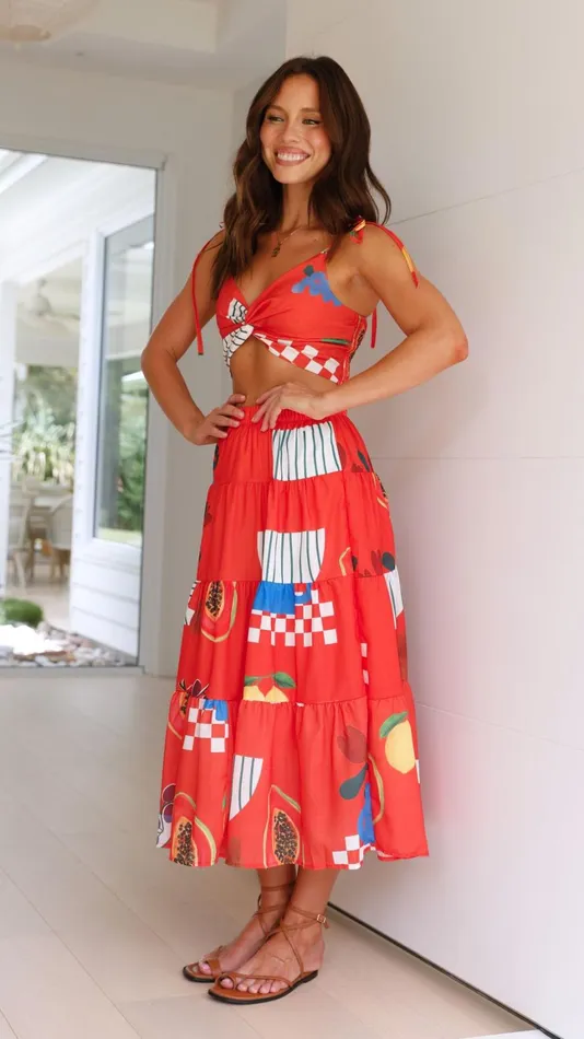 Billy J Bottoms Women Ava Top And Maxi Skirt Set 8211 Red Papaya Print