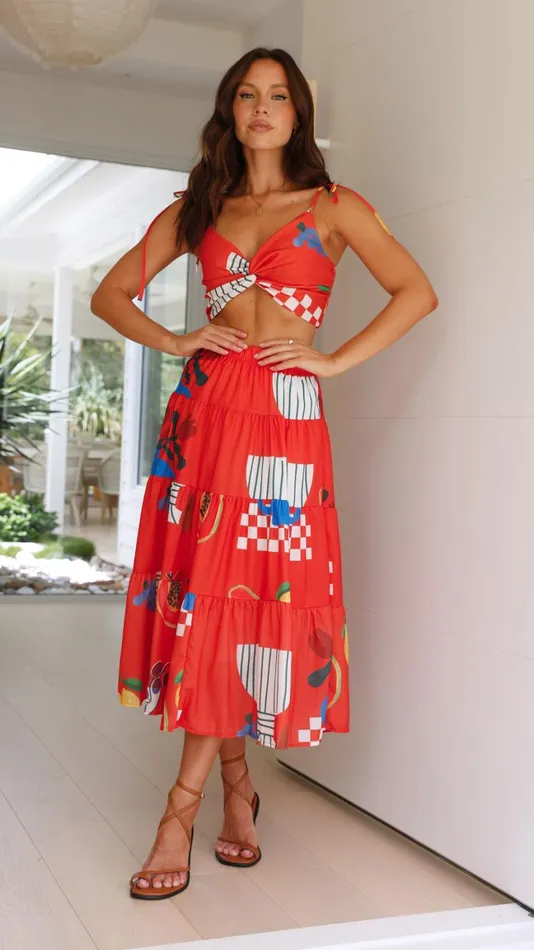 Billy J Bottoms Women Ava Top And Maxi Skirt Set 8211 Red Papaya Print