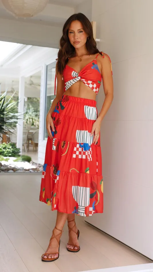Billy J Bottoms Women Ava Top And Maxi Skirt Set 8211 Red Papaya Print