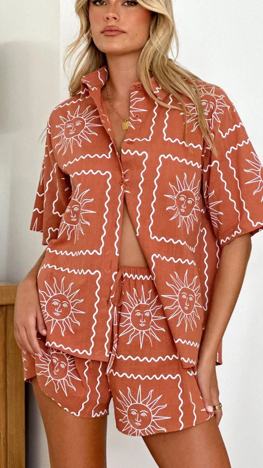 Billy J Bottoms Women Charli Button Up Shirt And Shorts Set 8211 Rust Sun