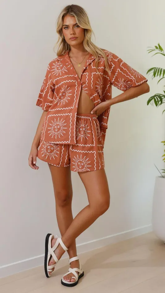 Billy J Bottoms Women Charli Button Up Shirt And Shorts Set 8211 Rust Sun