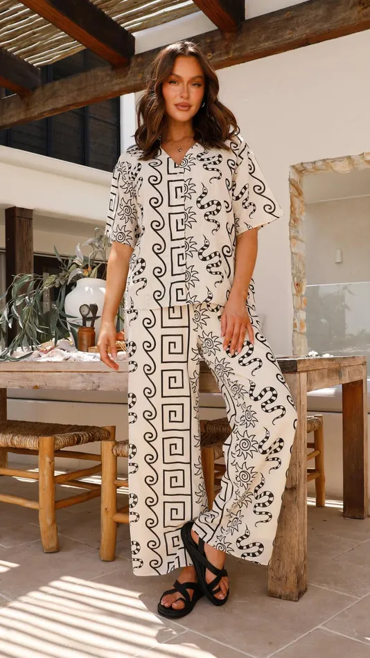 Billy J Bottoms Women Cleo Button Up Shirt And Pants Set 8211 BeigeBlack
