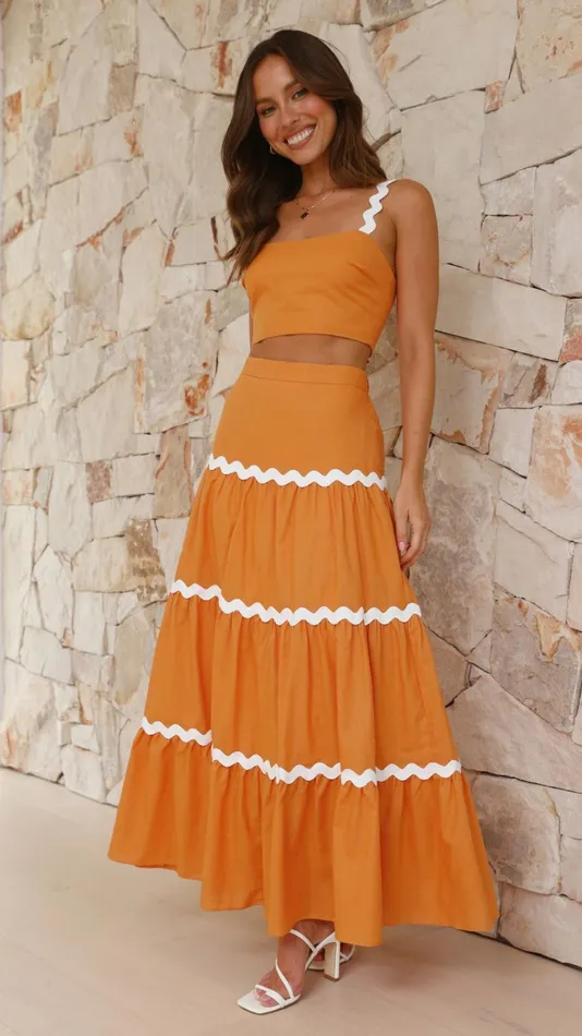 Billy J Bottoms Women Lys Top And Maxi Skirt 8211 OrangeWhite