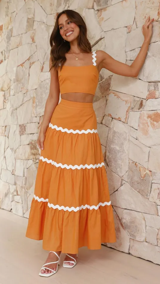 Billy J Bottoms Women Lys Top And Maxi Skirt 8211 OrangeWhite