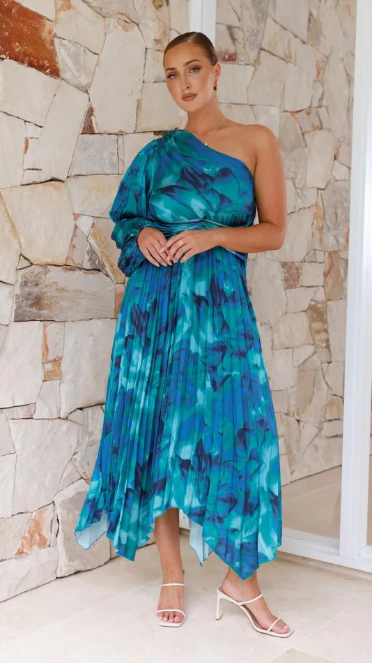 Billy J Dresses Women Brooklyn One Shoulder Midi Dress 8211 Blue Floral