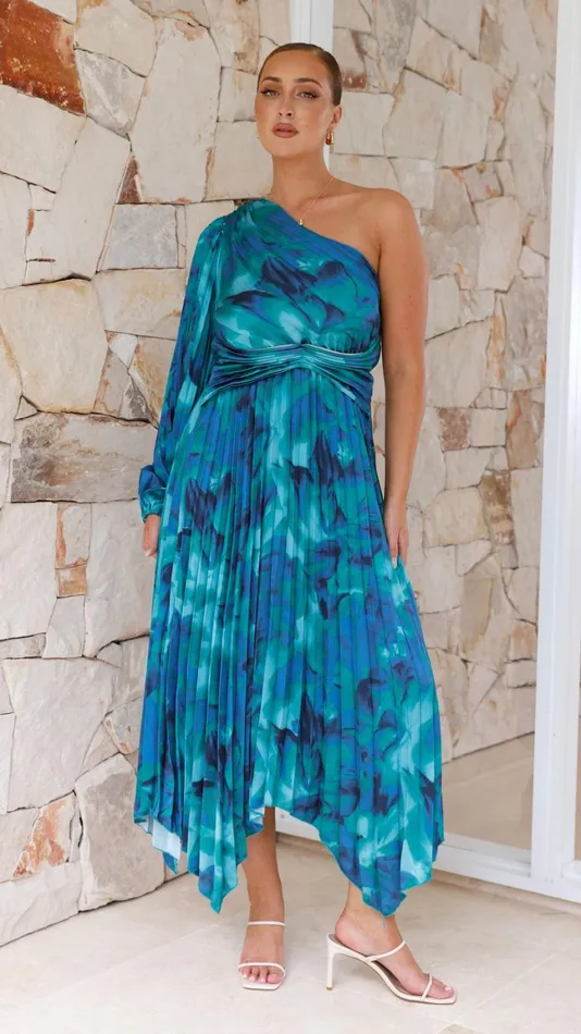 Billy J Dresses Women Brooklyn One Shoulder Midi Dress 8211 Blue Floral