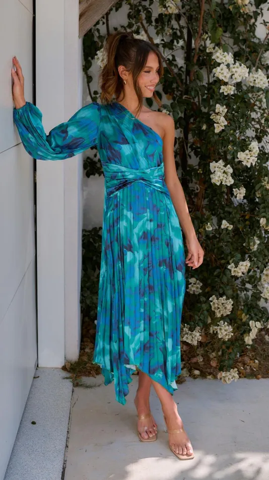 Billy J Dresses Women Brooklyn One Shoulder Midi Dress 8211 Blue Floral