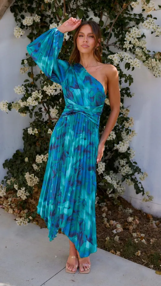 Billy J Dresses Women Brooklyn One Shoulder Midi Dress 8211 Blue Floral