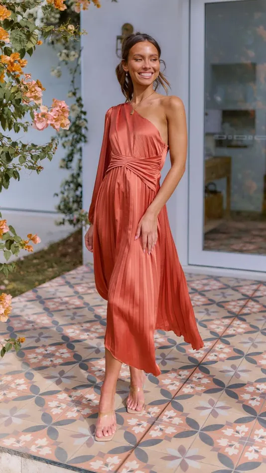 Billy J Dresses Women Brooklyn One Shoulder Midi Dress 8211 Copper