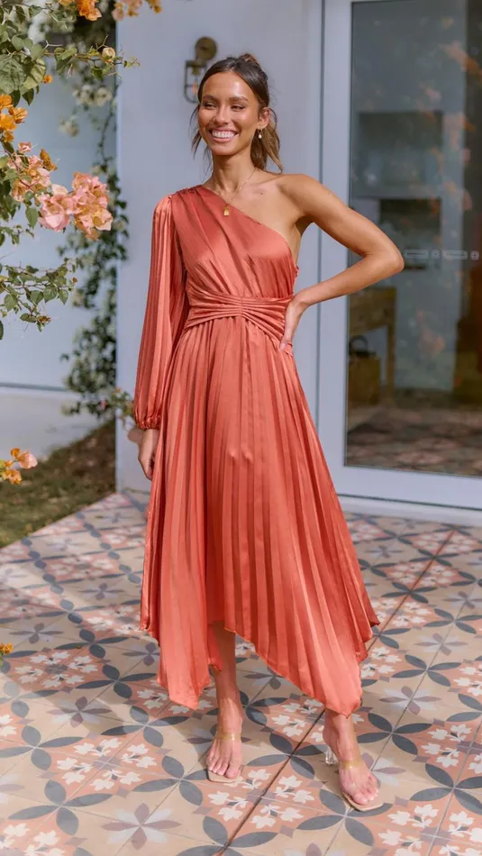 Billy J Dresses Women Brooklyn One Shoulder Midi Dress 8211 Copper