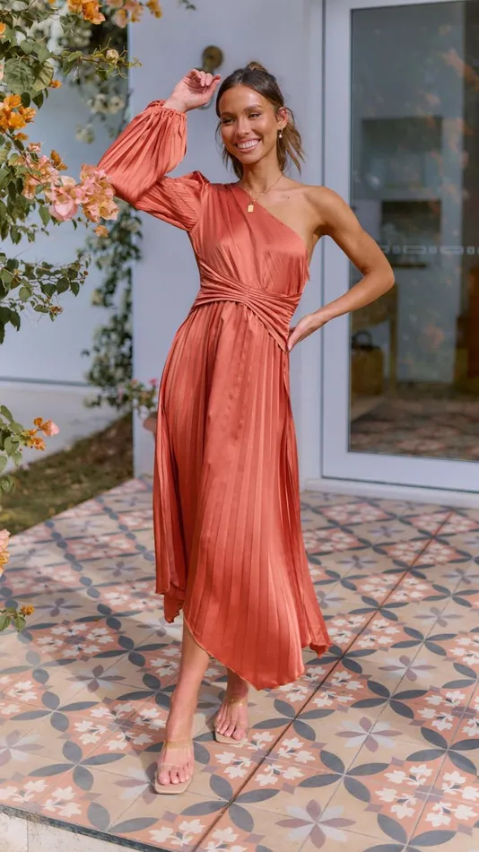 Billy J Dresses Women Brooklyn One Shoulder Midi Dress 8211 Copper