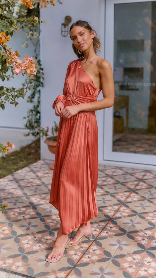 Billy J Dresses Women Brooklyn One Shoulder Midi Dress 8211 Copper