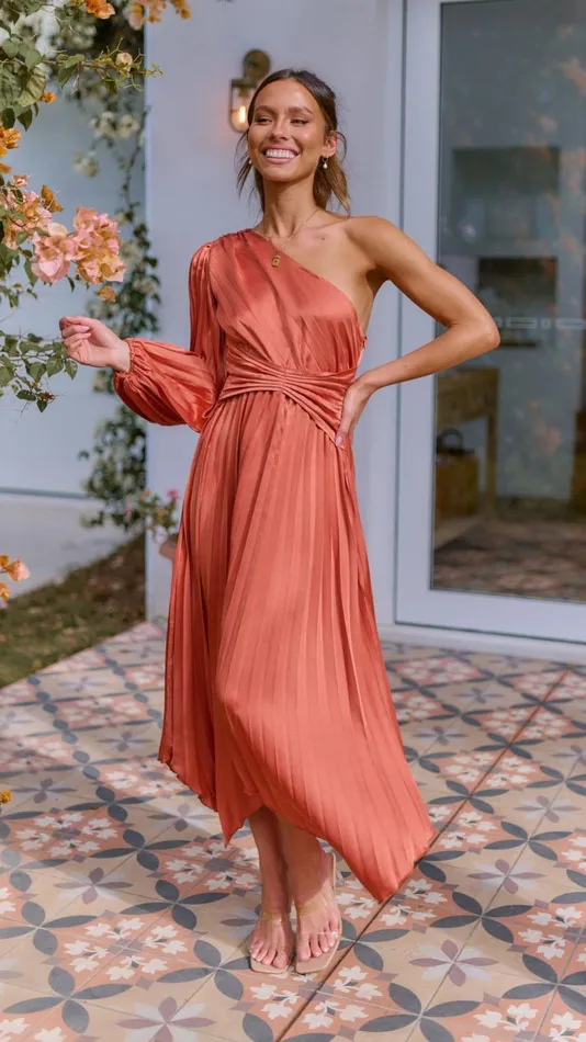 Billy J Dresses Women Brooklyn One Shoulder Midi Dress 8211 Copper