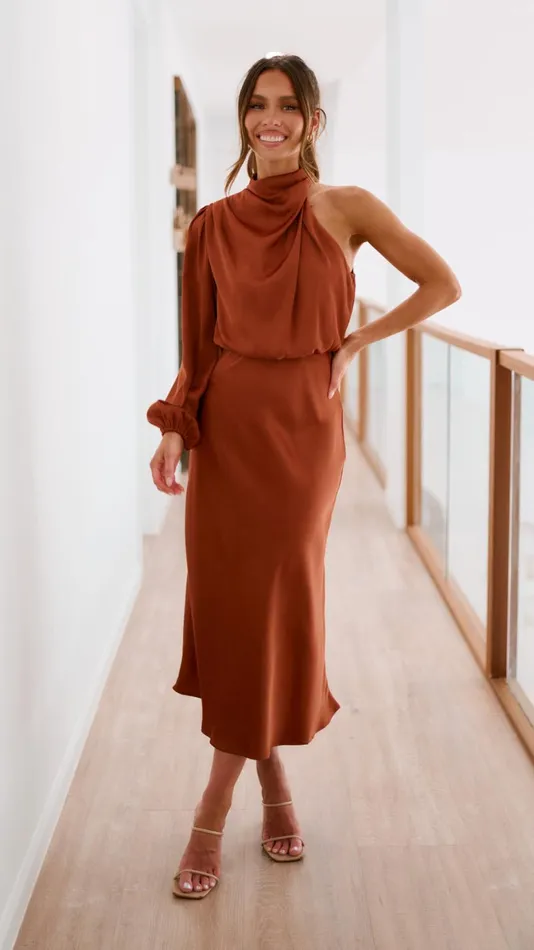 Billy J Dresses Women Esther One Shoulder Long Sleeve Dress 8211 Copper