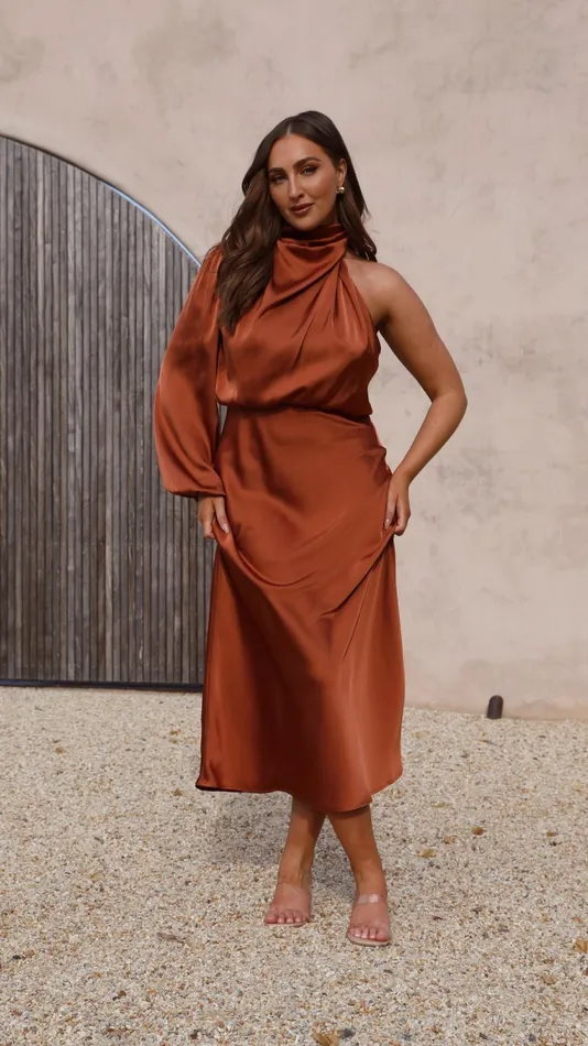 Billy J Dresses Women Esther One Shoulder Long Sleeve Dress 8211 Copper