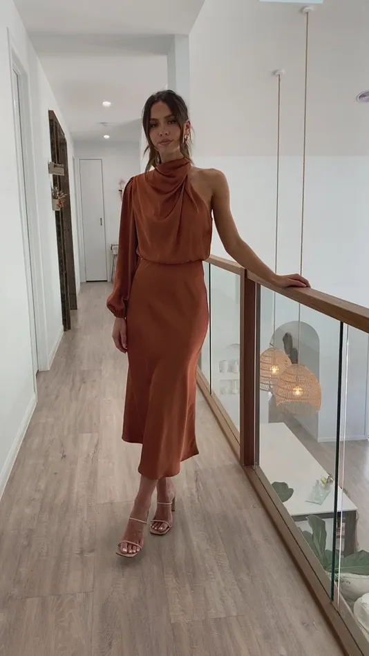 Billy J Dresses Women Esther One Shoulder Long Sleeve Dress 8211 Copper