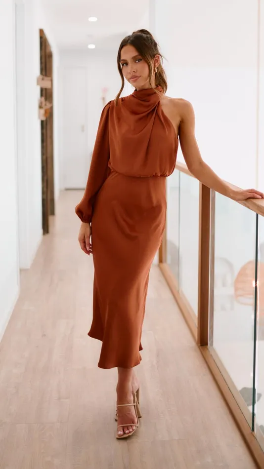 Billy J Dresses Women Esther One Shoulder Long Sleeve Dress 8211 Copper
