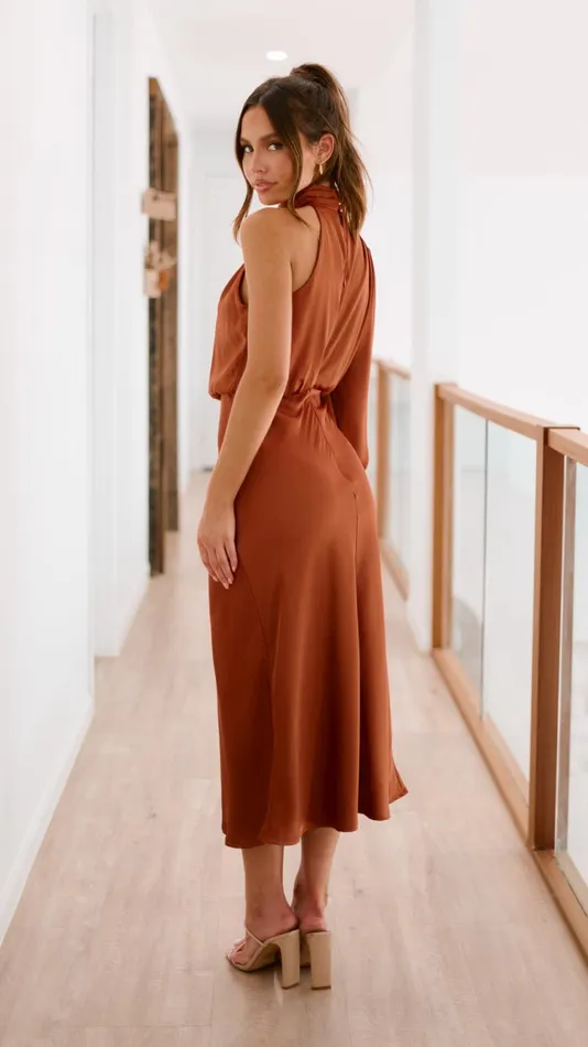 Billy J Dresses Women Esther One Shoulder Long Sleeve Dress 8211 Copper