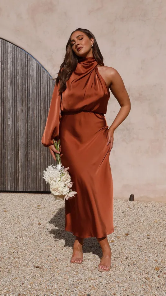 Billy J Dresses Women Esther One Shoulder Long Sleeve Dress 8211 Copper