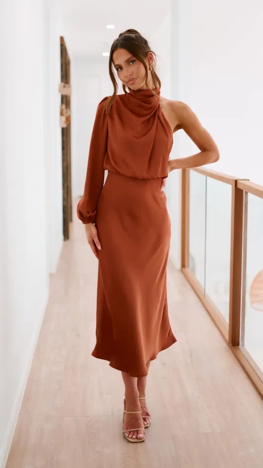 Billy J Dresses Women Esther One Shoulder Long Sleeve Dress 8211 Copper