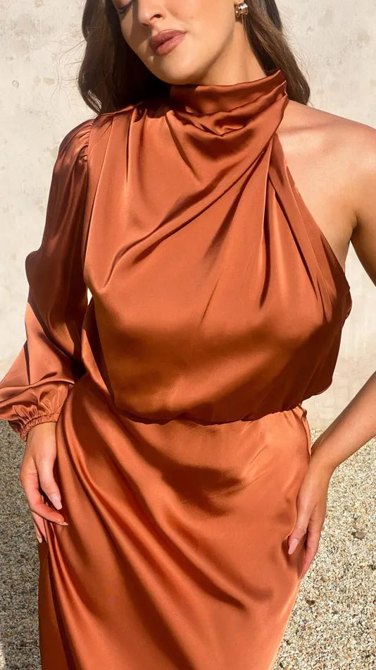 Billy J Dresses Women Esther One Shoulder Long Sleeve Dress 8211 Copper