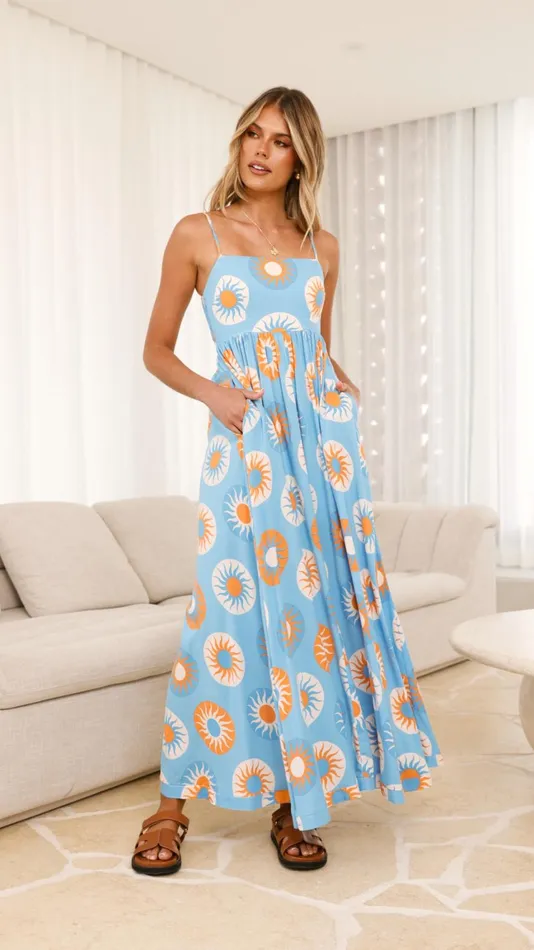Billy J Dresses Women Idoya Maxi Dress 8211 Blue Orange Sun