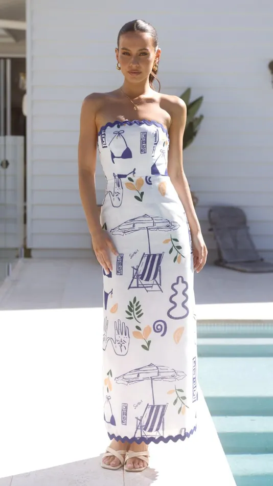Billy J Dresses Women Rafa Maxi Dress 8211 White Blue Print