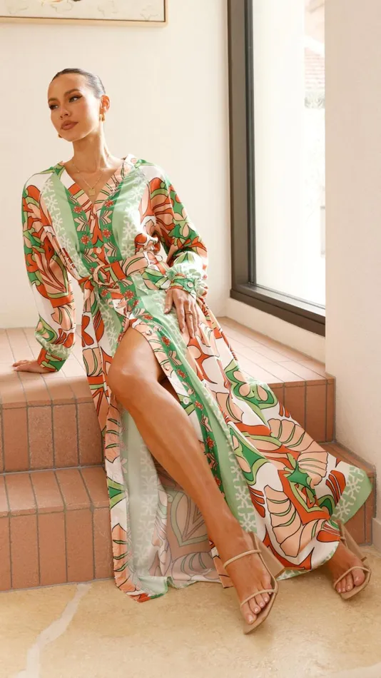 Billy J Dresses Women Vance Maxi Dress 8211 OrangeGreen Print